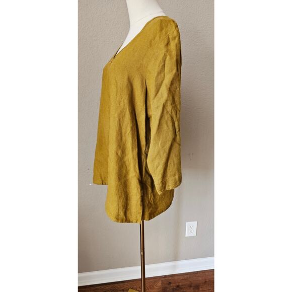 FLAX Chartruese Mustard Brown Linen Lagenlook V Neck Long Sleeve Tunic Top Small - Picture 2 of 6